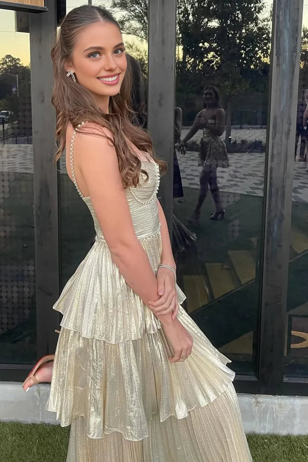 Vestido Weitese brillante de corte A con escote en forma de corazón, color champán, largo hasta la rodilla, con volantes, vestido de fiesta